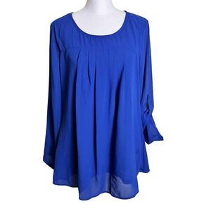 Timeson Womens Royal Blue Pleated Roll Tab Sleeve Blouse‎ Top Small